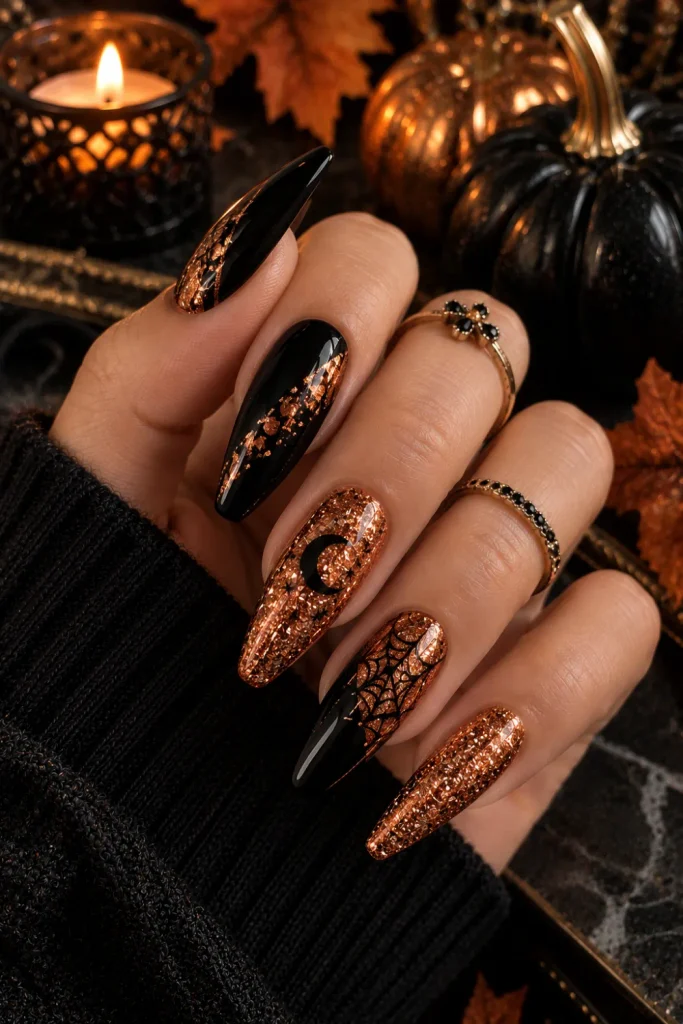 Glittering copper and black Halloween glam nails with luxurious metallic sparkle and chic contemporary 2026 styling.