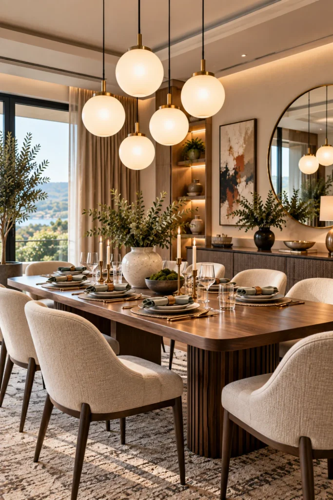 Contemporary globe pendant lights above a warm modern dining table with elegant glass, wood and vibrant interior accents