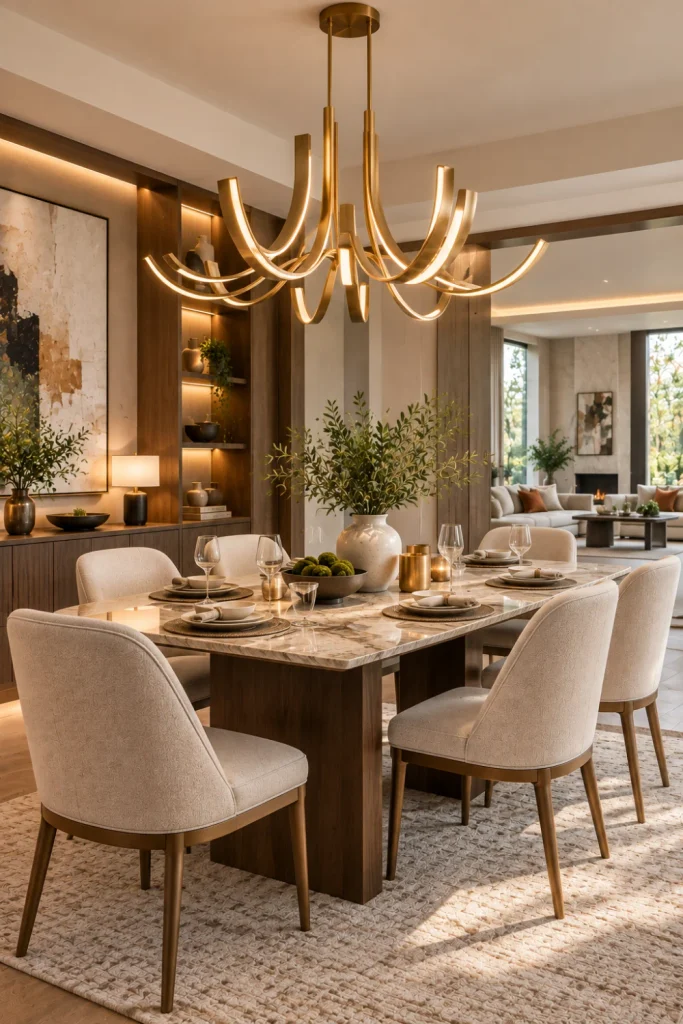 Elegant gold statement chandelier above a luxurious contemporary dining table with cream chairs, marble accents, warm wood cabinetry, and sophisticated modern decor.