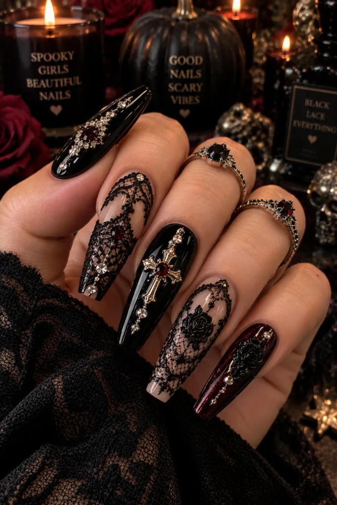Gothic black lace chunky Halloween nails with intricate lace patterns, rhinestones, raised texture, glossy black polish, and elegant Halloween drama.