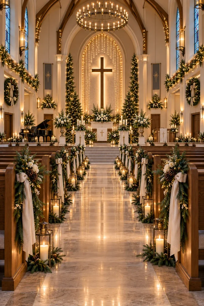 Grand winter church sanctuary with warm twinkle lights, evergreen garlands, candles, modern pews, and an elegant illuminated altar.