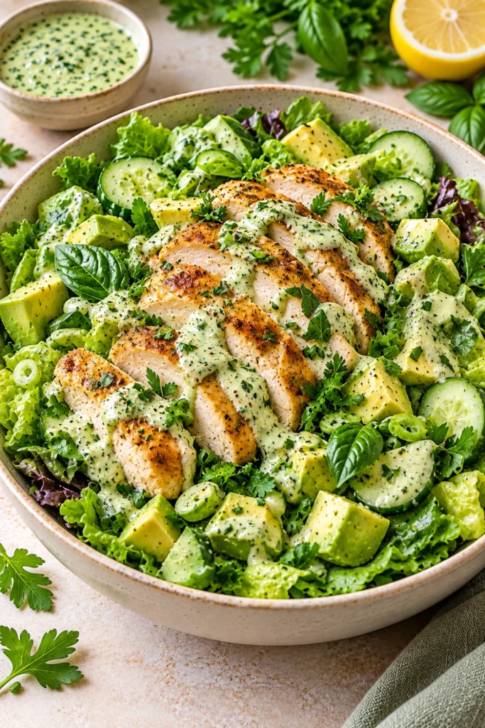 Green goddess chicken salad with tender chicken, crunchy greens, cucumber, avocado, and creamy herb dressing in a modern colorful Pinterest presentation.