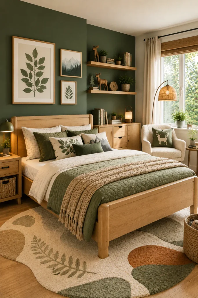 Green nature-inspired boy’s bedroom with sage and forest green accents, natural wood, botanical artwork, soft textures, and modern 2026 kids’ room decor.