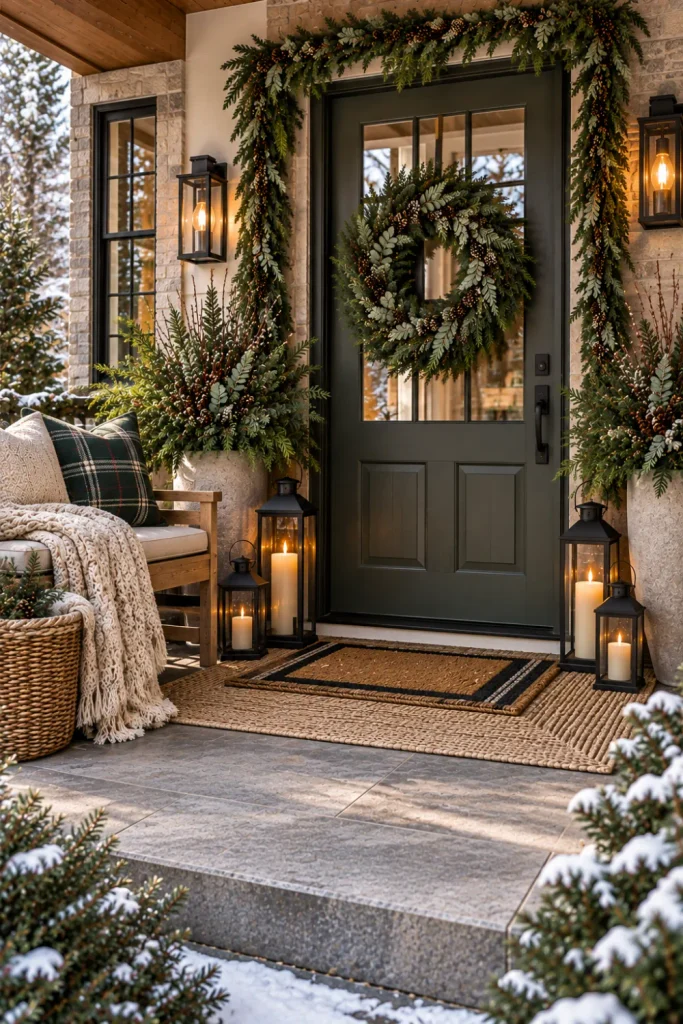 Winter front porch with lush greenery, glowing lanterns, chunky textures, woven baskets, wreaths, and warm neutral accents.