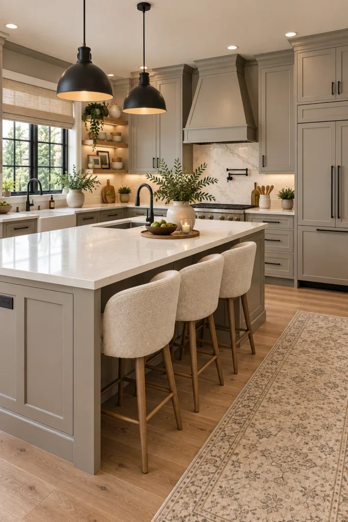 Elegant greige painted kitchen cabinets with black hardware, white stone counters, oak accents, black pendant lights, stainless appliances, and warm modern styling
