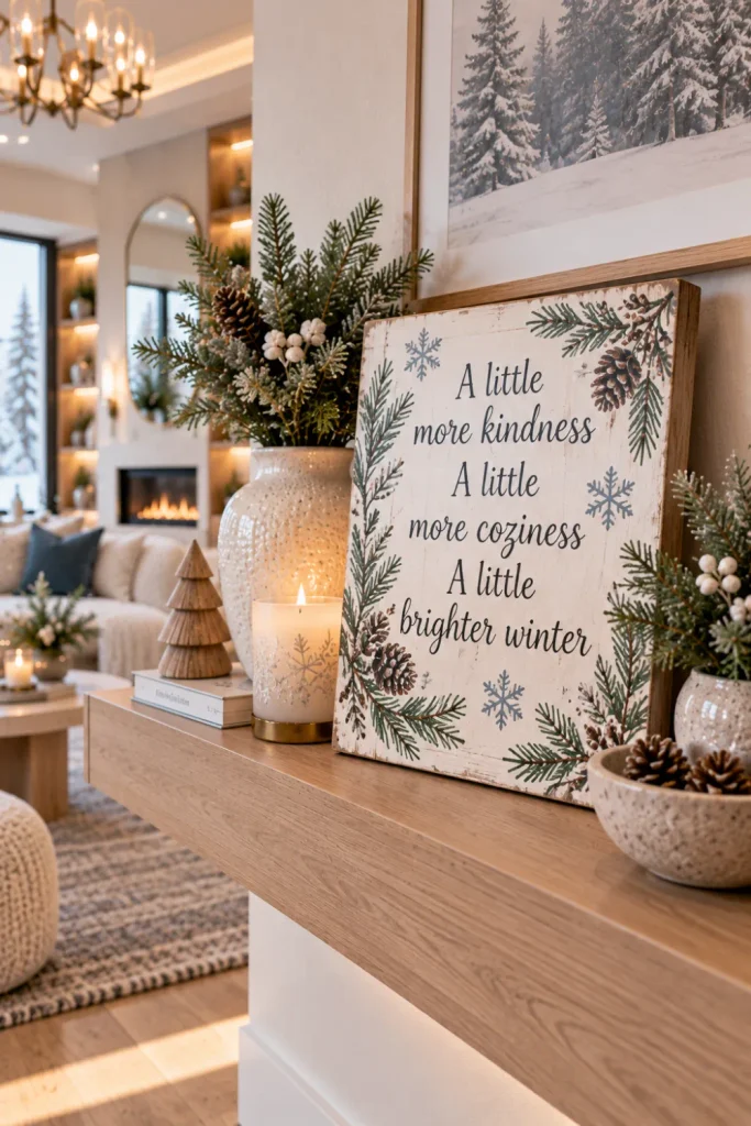 Hand-painted winter quote sign in neutral tones styled with greenery and ceramics on a modern 2026 living room shelf.