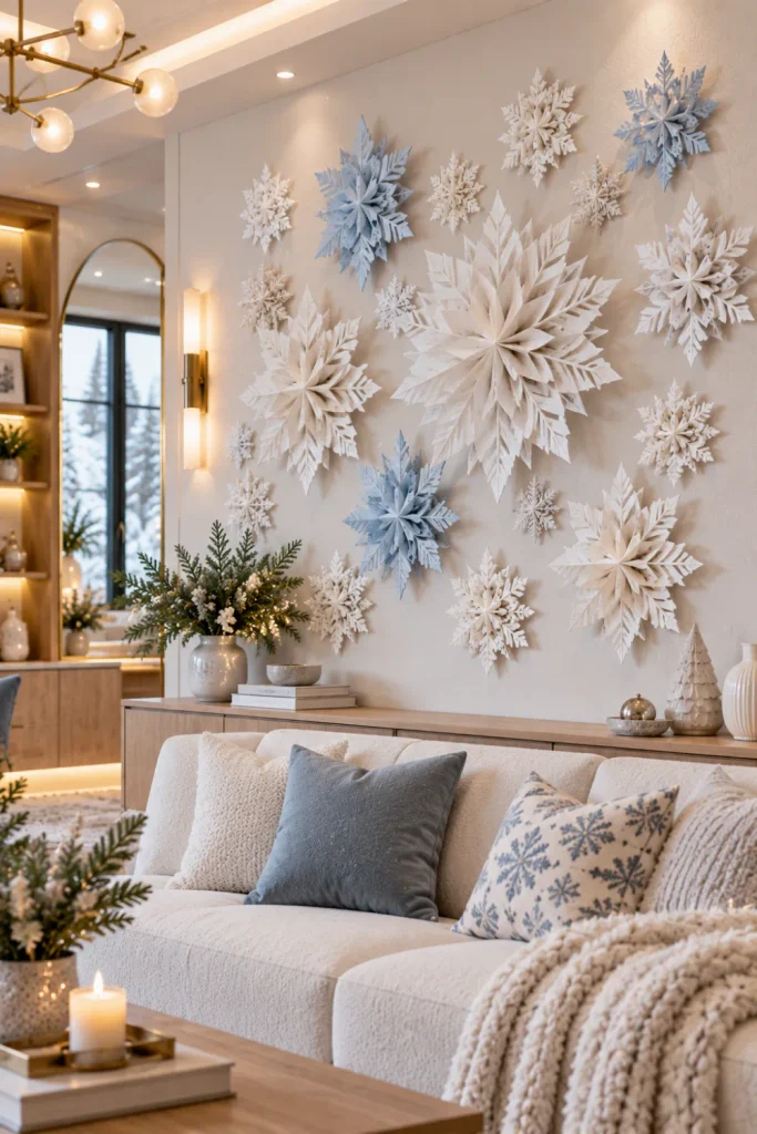 Handmade paper snowflake wall art arranged in a stylish gallery composition above modern furniture with warm winter lighting and neutral 2026 decor.