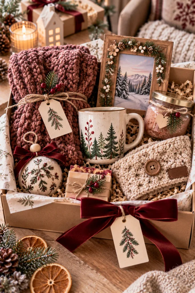 Handmade winter gift collection featuring a knitted scarf, handmade ornament, painted mug, body scrub, crochet accessory, and decorated photo frame.