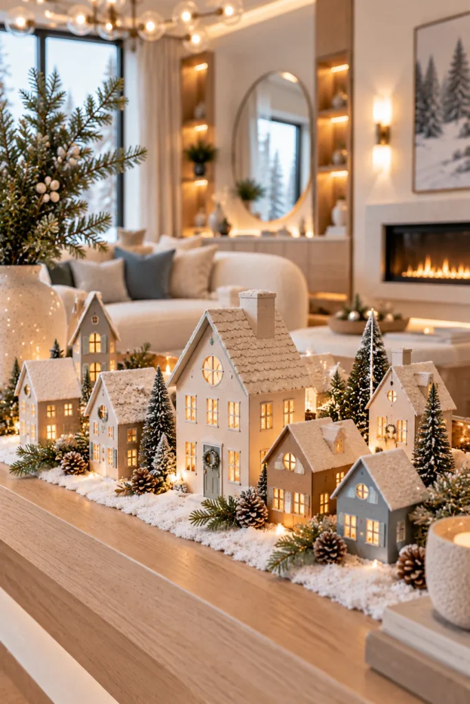 Handmade winter village houses in white and neutral tones with warm lights, faux snow, greenery, and modern 2026 shelf decor.