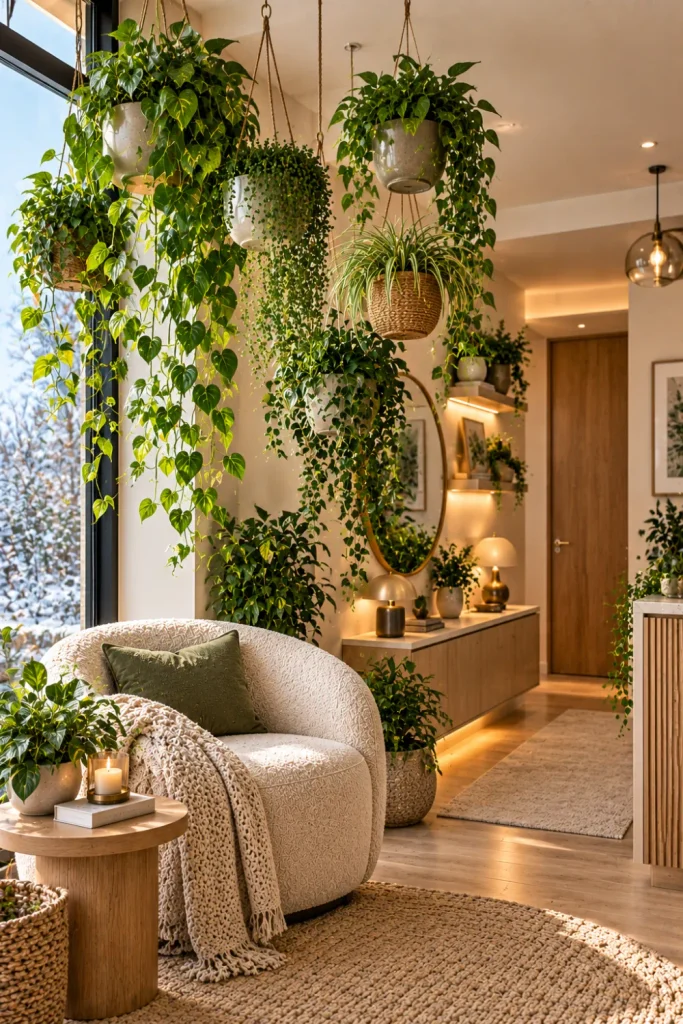 Hanging plants in a small modern winter room with trailing greenery, contemporary planters, compact furniture, natural wood, mirrors, and warm lighting.