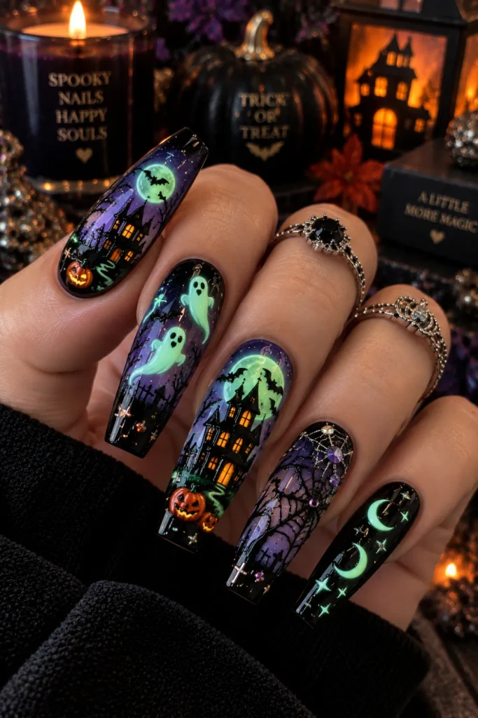 Haunted house glow-in-the-dark chunky Halloween nails with spooky scenery, glowing windows, ghosts, moons, pumpkins, and dimensional accents.