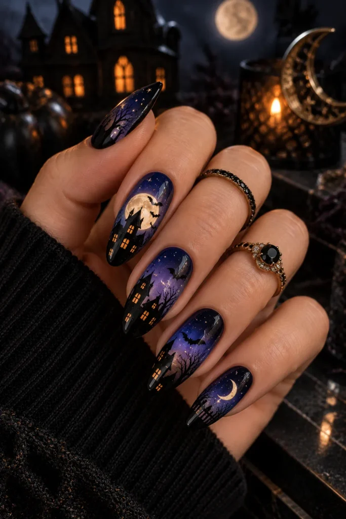 Haunted house silhouette night-sky Halloween nails with glowing moons, bats, stars, and dramatic modern 2026 nail art.
