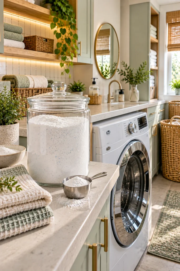 Contemporary HE laundry room featuring a low-suds homemade powder detergent in a modern container beside a high-efficiency front-loading washer, measuring scoop, and neatly arranged supplies.