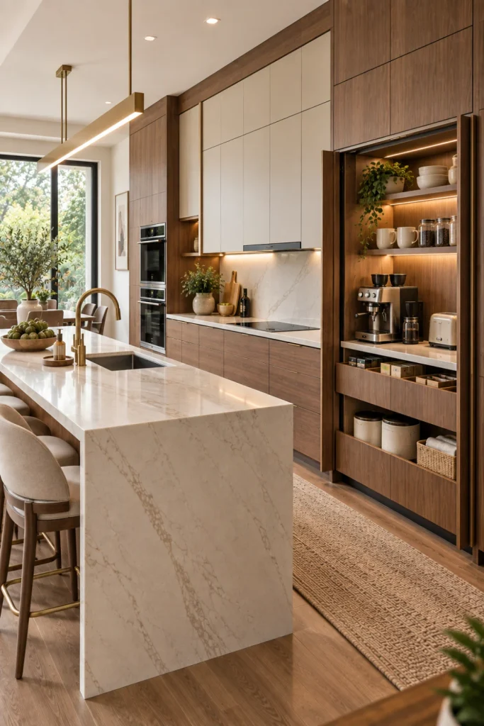 Hidden modern kitchen storage cabinets concealing appliances and clutter in a sleek upscale contemporary kitchen.