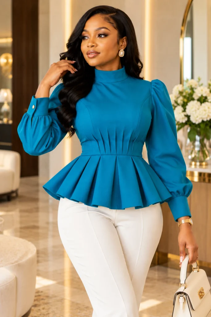 Elegant high-neck peplum top with refined pleated waist detail and modern tailoring, inspired by Chic Peplum Tops and Tailored Blouse Sewing Ideas.