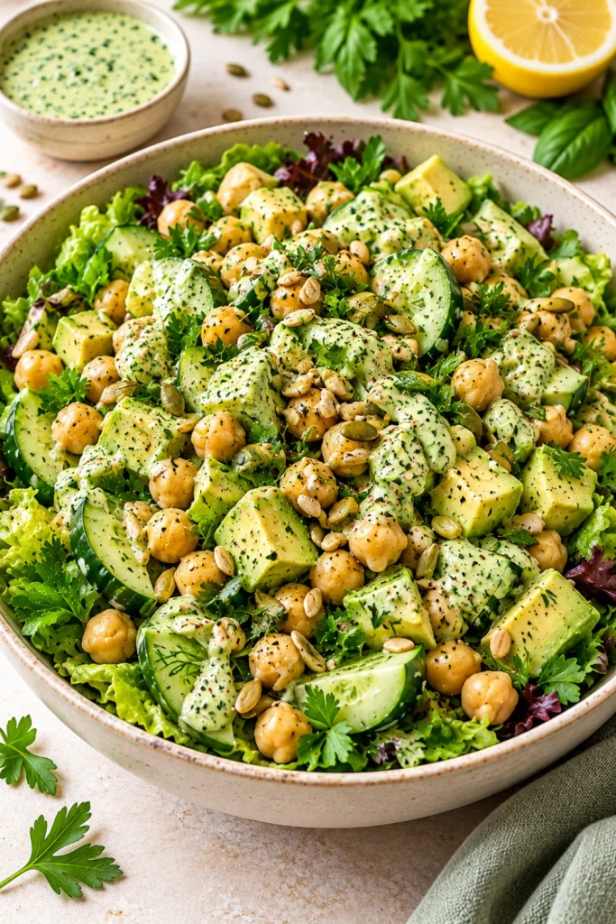High-protein chickpea green goddess salad with avocado, cucumber, crunchy greens, creamy herb dressing, and seeds in a vibrant modern bowl.