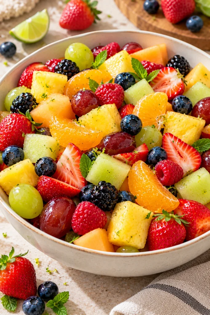 Honey-lime fresh fruit salad with berries, grapes, melon, citrus, pineapple, and glossy honey-lime dressing in a modern bowl.