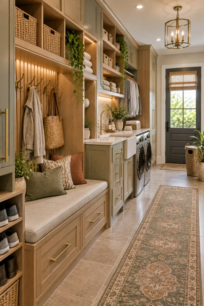 Modern hybrid mudroom laundry room with built-in bench seating, cubbies, hooks, stacked appliances, drying rod, closed storage, durable flooring, and contemporary finishes.