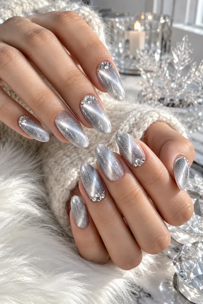 Icy silver cat-eye winter nails with crystal sparkle, glossy almond shape, and luxurious frosty finish in a close-up Pinterest beauty composition.