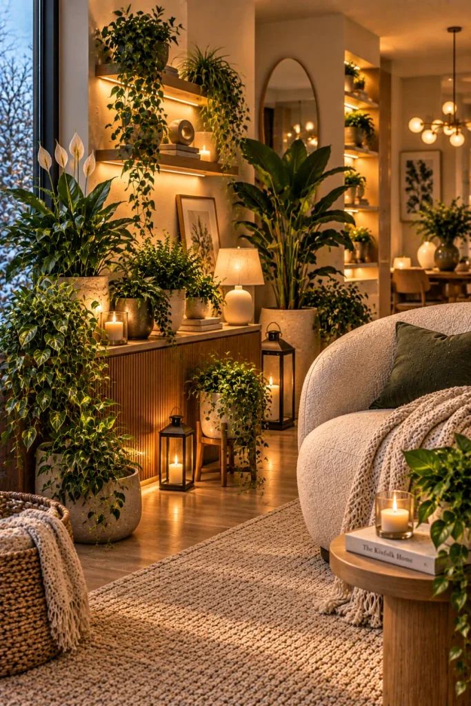 Indoor winter garden with lush greenery, warm ambient lighting, modern planters, contemporary cabinetry, natural textures, and cozy evening decor.