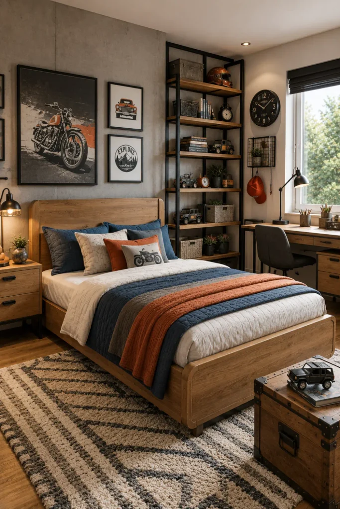 Industrial-style boy’s bedroom with black metal shelving, warm wood furniture, soft textiles, charcoal accents, and contemporary 2026 kid’s room decor.