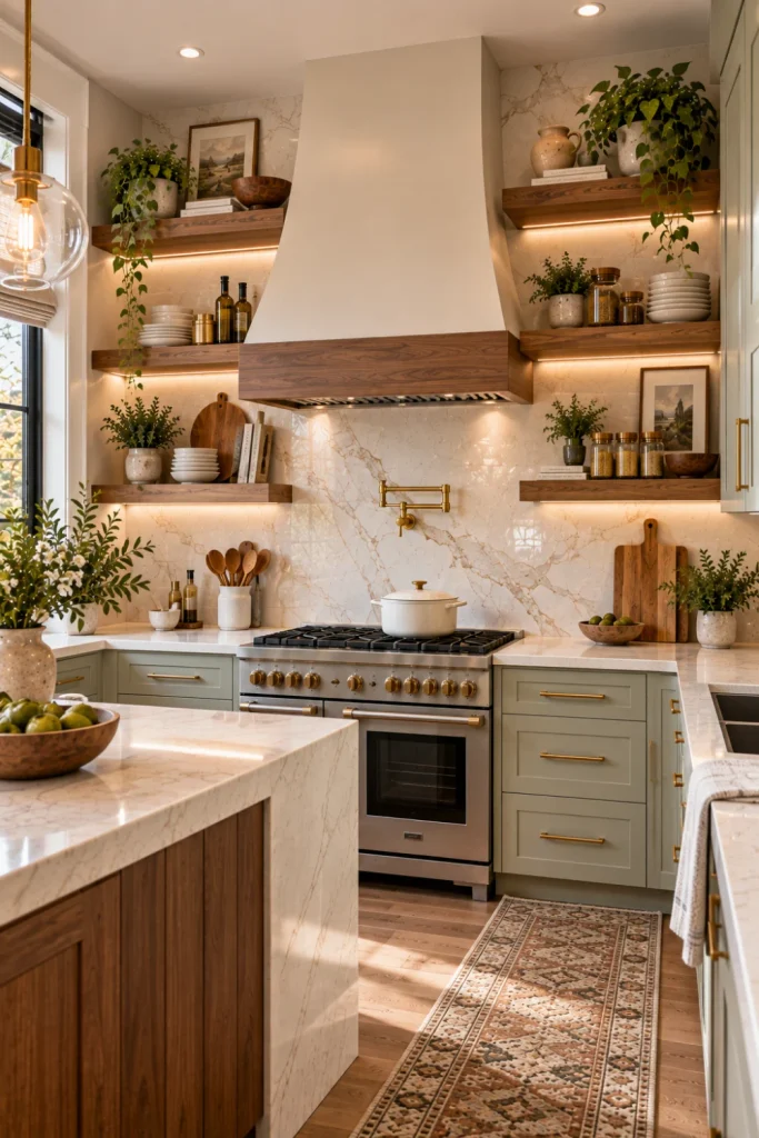 Modern luxury kitchen with symmetrical warm wood shelves integrated around a sculptural range hood, styled with neutral ceramics, glass jars, greenery, brass fixtures, and elegant cabinetry.