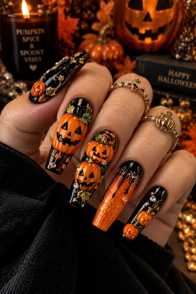 Jack-O'-Lantern 3D chunky Halloween nails with glowing pumpkin faces, glossy orange polish, black details, raised pumpkins, and festive accents.