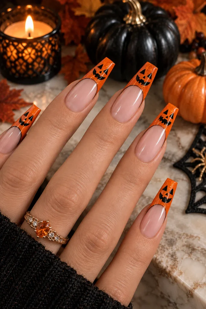 Jack-o'-Lantern French tip coffin Halloween nails in vibrant orange and black with a chic 2026 manicure aesthetic.