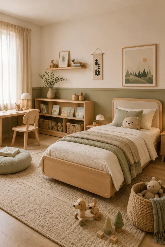 Japandi-inspired modern kids’ room with light wood furniture, warm neutral colors, soft sage accents, minimal styling, and cozy natural textures.