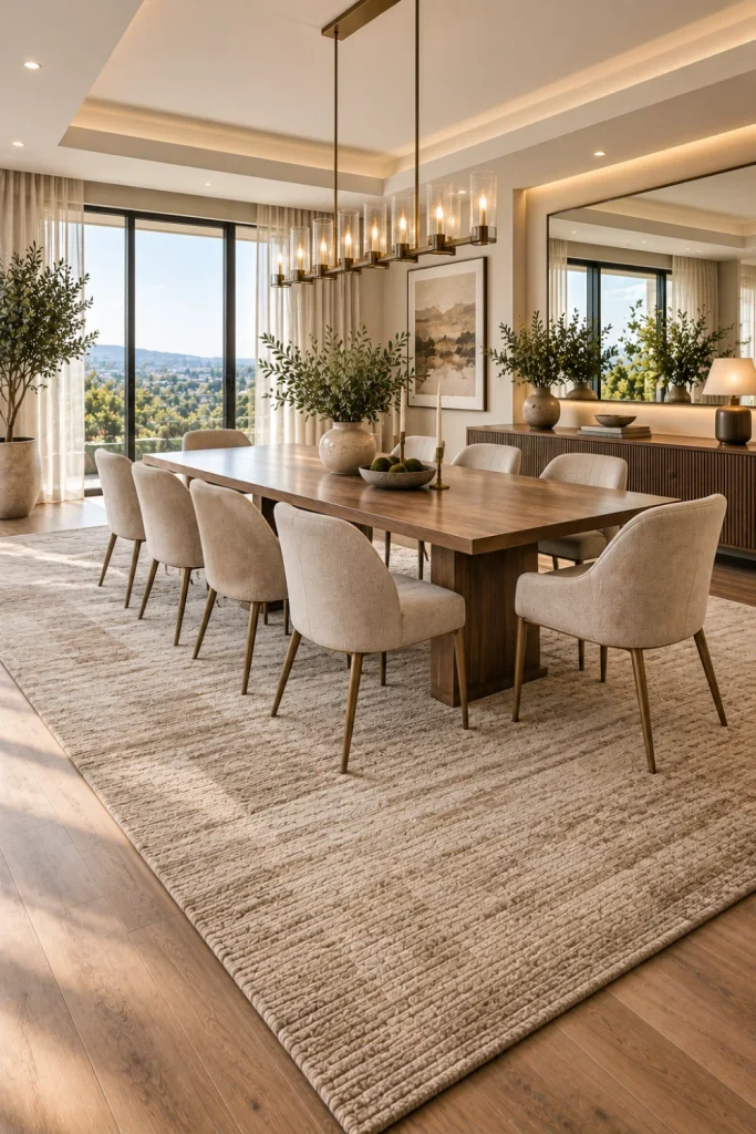 Spacious modern dining room with an oversized area rug, contemporary dining table, elegant chairs, statement chandelier, and refined luxury decor.