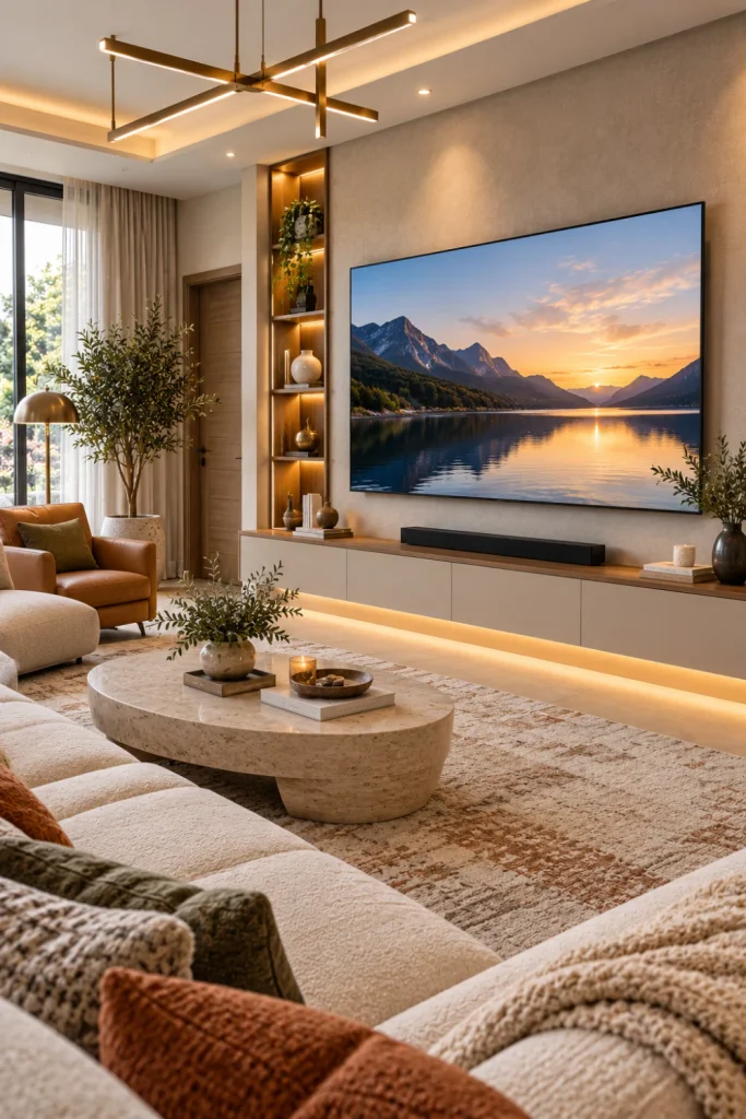 Large flat-screen TV above a minimalist media console in a sophisticated modern living room with neutral furniture, warm wood, and layered lighting.