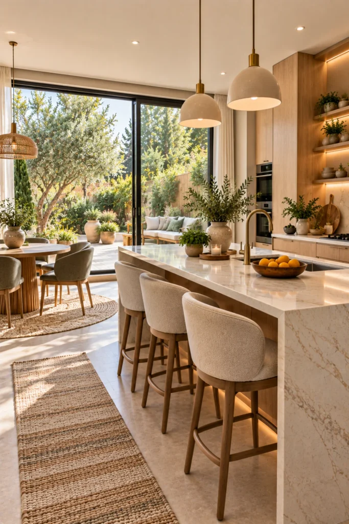 Luxury modern kitchen with a large sliding window beside a breakfast nook, warm oak cabinetry, cream island, elegant lighting, contemporary rug, and garden views.