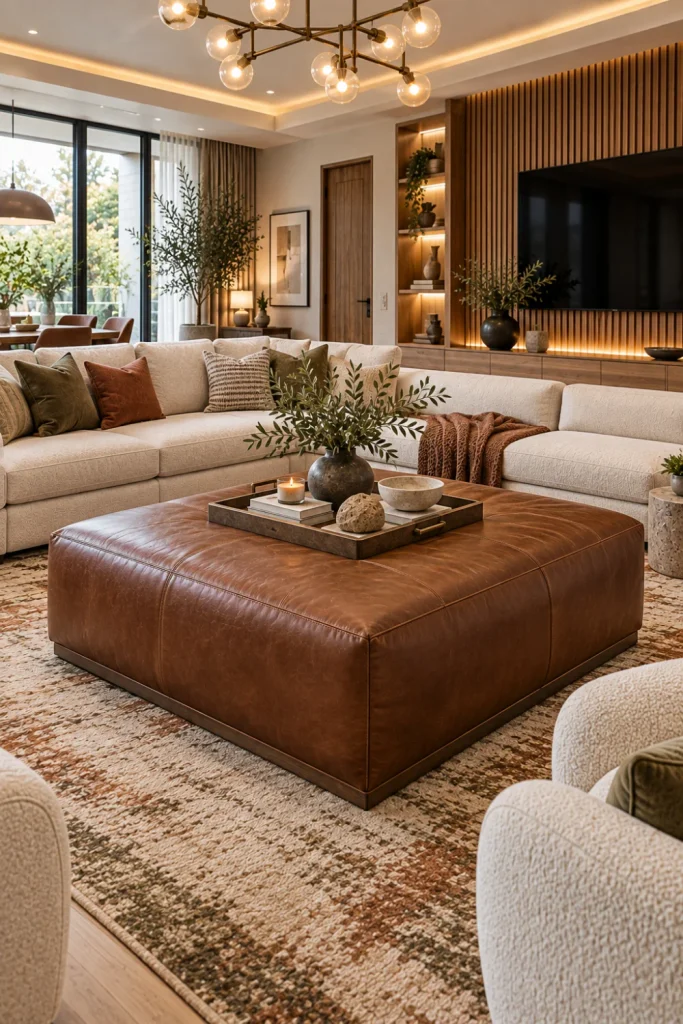 Large square chestnut leather ottoman coffee table styled with a tray in front of a spacious ivory sectional, layered textured rug, fluted oak wall, mounted TV, warm LED cabinetry, walnut console, chandelier, and modern decor.