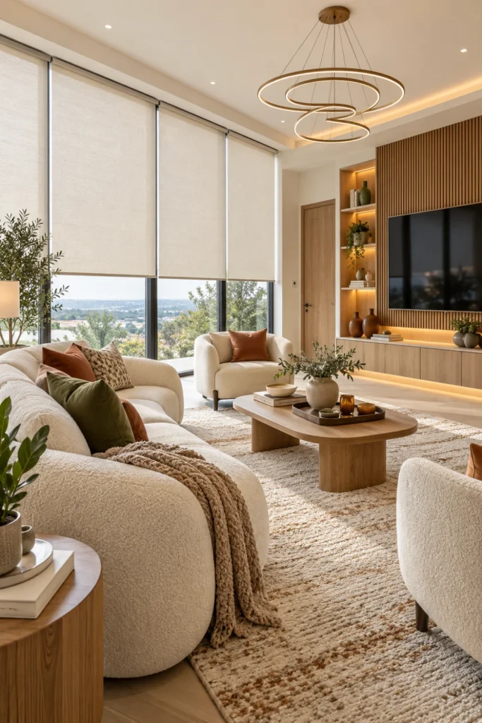 Modern luxury living room with expansive floor-to-ceiling windows covered by elegant warm ivory motorized roller blinds, cream boucle sofa, natural oak furniture, textured rug, wall-mounted television, wood cabinetry, and layered contemporary decor.