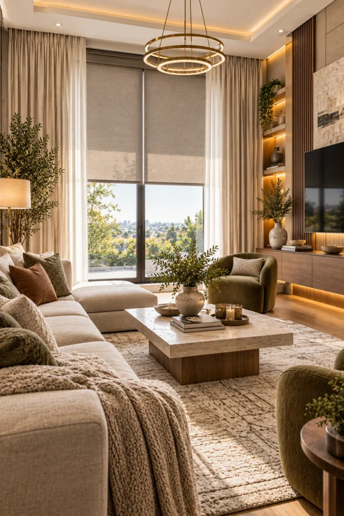 Modern luxury living room with layered roller blinds and soft curtains, stylish sectional sofa, textured rug, contemporary lighting, and warm designer cabinetry.