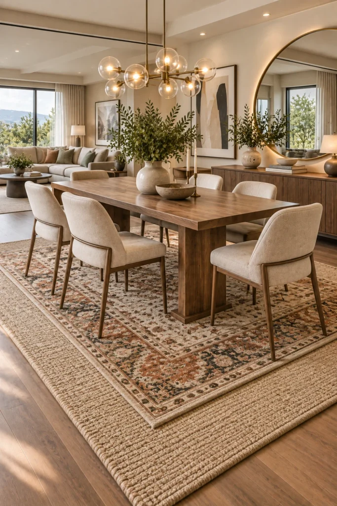 Stylish modern dining room with layered neutral and patterned rugs, a contemporary wood table, elegant chairs, modern lighting, and luxury decor.
