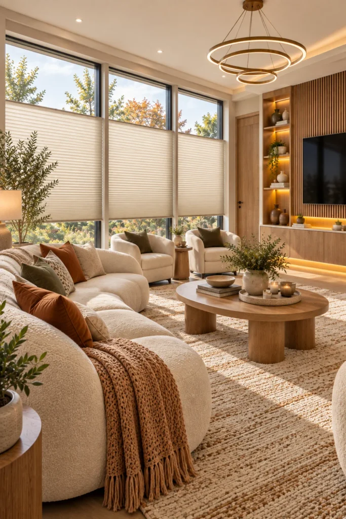 Luxurious modern living room with warm greige roller shades layered behind full-length ivory drapery across expansive windows, cream boucle seating, oak furniture, textured rug, fluted TV wall, and softly illuminated cabinetry.