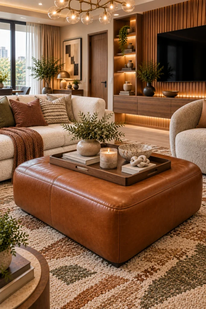Caramel leather ottoman coffee table styled with a large decorative tray, books, candle, ceramic bowl and sculptural accessories in a luxury contemporary living room with boucle sofa, textured rug, fluted oak TV wall, warm LED cabinetry, walnut console and modern chandelier.