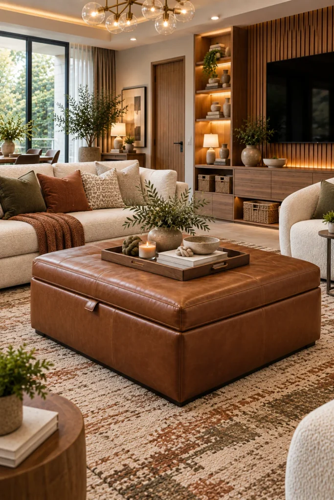Large caramel leather storage ottoman coffee table styled with a tray in a modern cream living room, featuring boucle sofa, textured rug, fluted oak wall, mounted TV, warm LED storage cabinets, walnut console, chandelier, and organized contemporary decor.