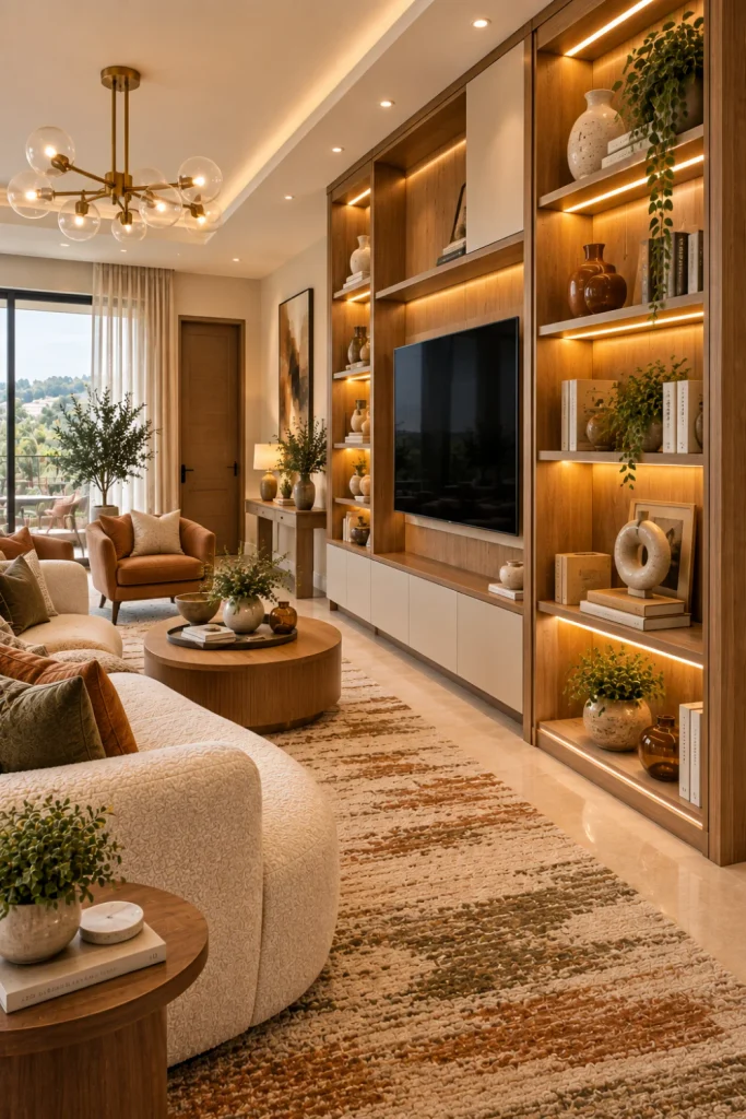 LED-lit display cabinet with warm integrated shelf lighting, ceramic decor, and books in an elegant modern living room with cream seating, oak furniture, textured rug and a wall-mounted TV.