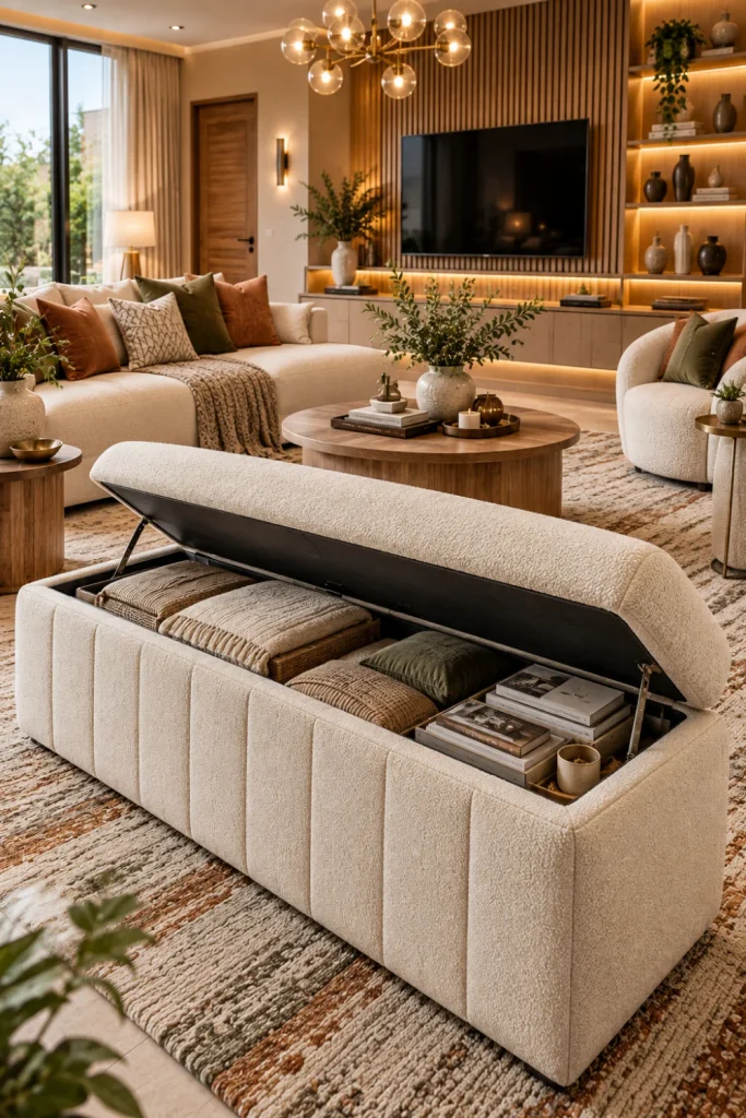 Contemporary living room with a cream lift-top storage bench opened to show hidden organization for blankets and cushions beside a modern sofa and illuminated TV wall.