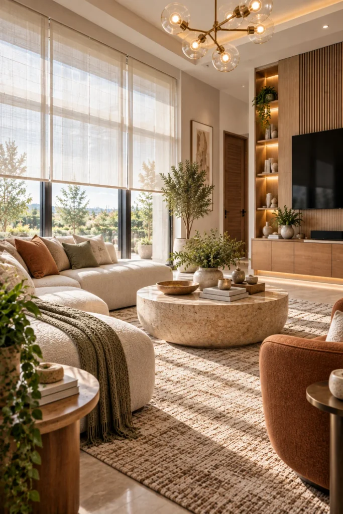 Light-filtering sheer blinds creating a bright, elegant, modern living room with soft daylight, contemporary furniture, layered textures, and luxury decor.