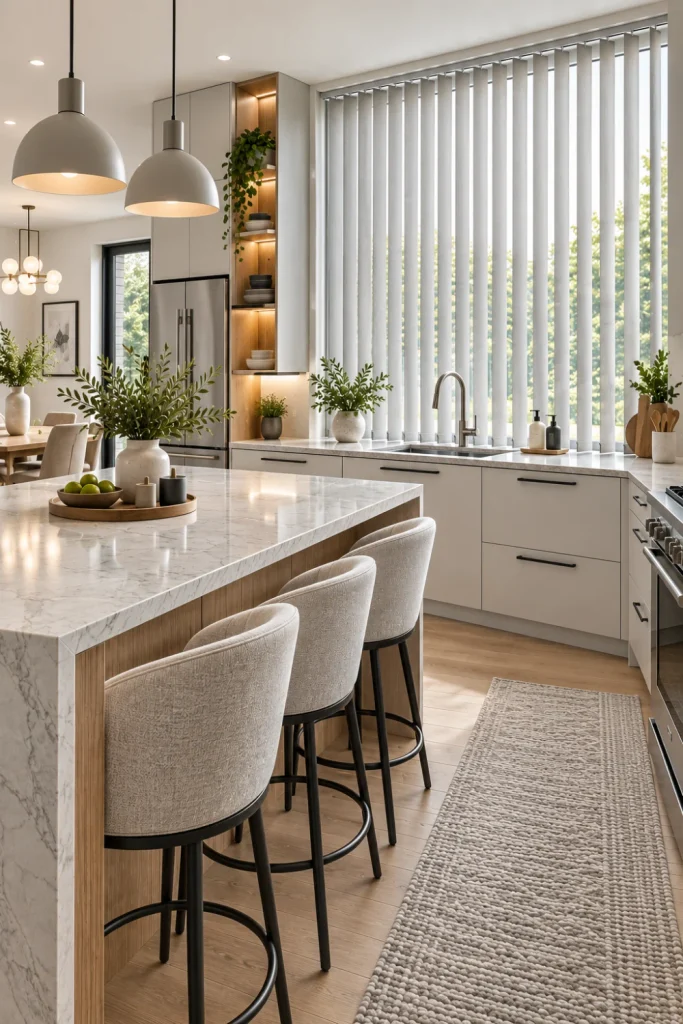 Sleek contemporary kitchen with soft light gray vertical blinds, white and gray cabinetry, oak accents, dark fixtures, stone countertops, integrated LED lighting, modern appliances, and elegant minimalist décor.