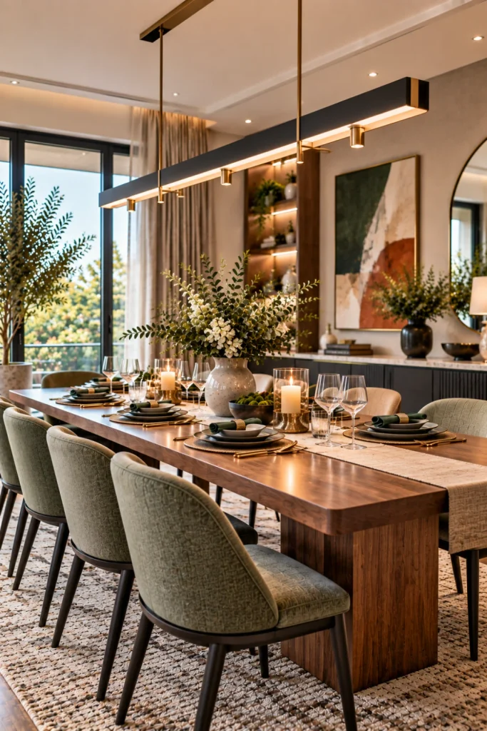 Sleek linear pendant light centered over a modern dining table in a stylish luxury contemporary interior.