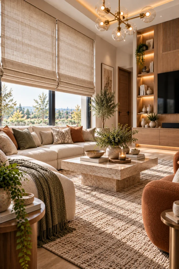 Linen-texture Roman blinds in a warm, sophisticated living room featuring boucle seating, textured carpet, natural wood, modern cabinetry, and soft luxury lighting.