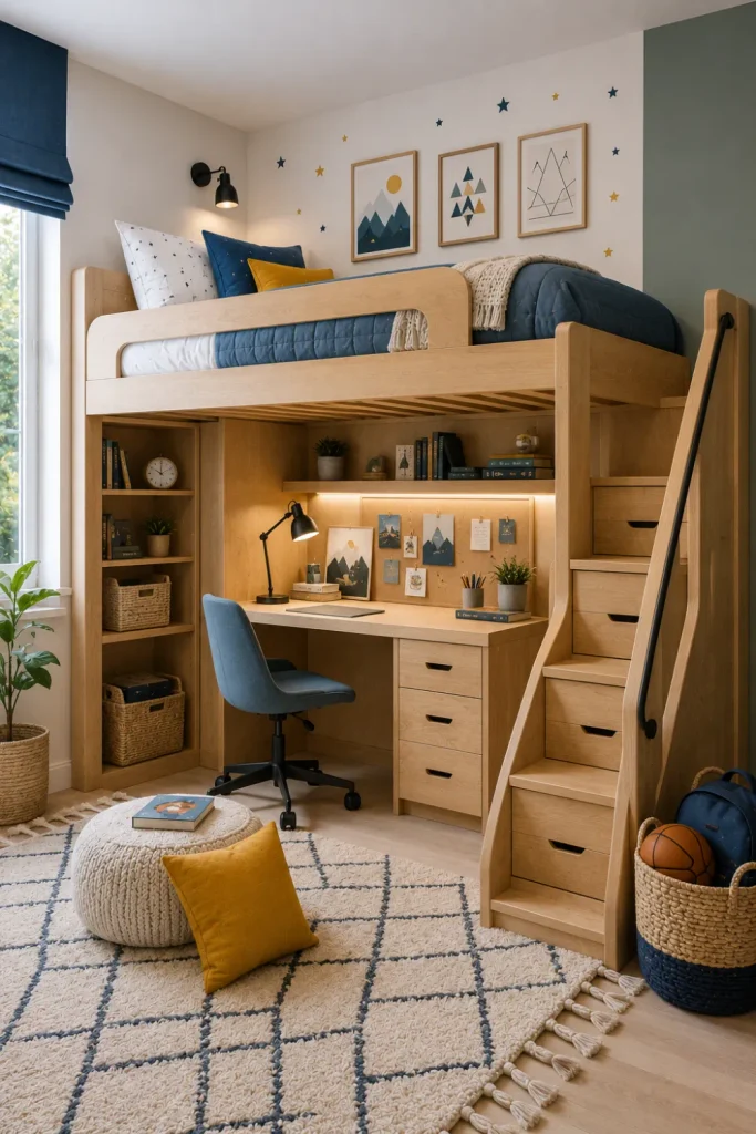 Modern loft bed boy’s bedroom with a space-saving study zone, built-in storage, natural wood, blue accents, and stylish 2026 kids’ room decor.