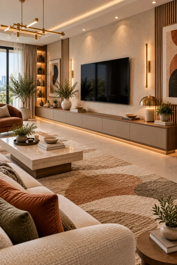 Long, low console cabinet spanning a modern living room wall beneath a sleek mounted TV, styled with contemporary décor, warm lighting, and a luxury rug.