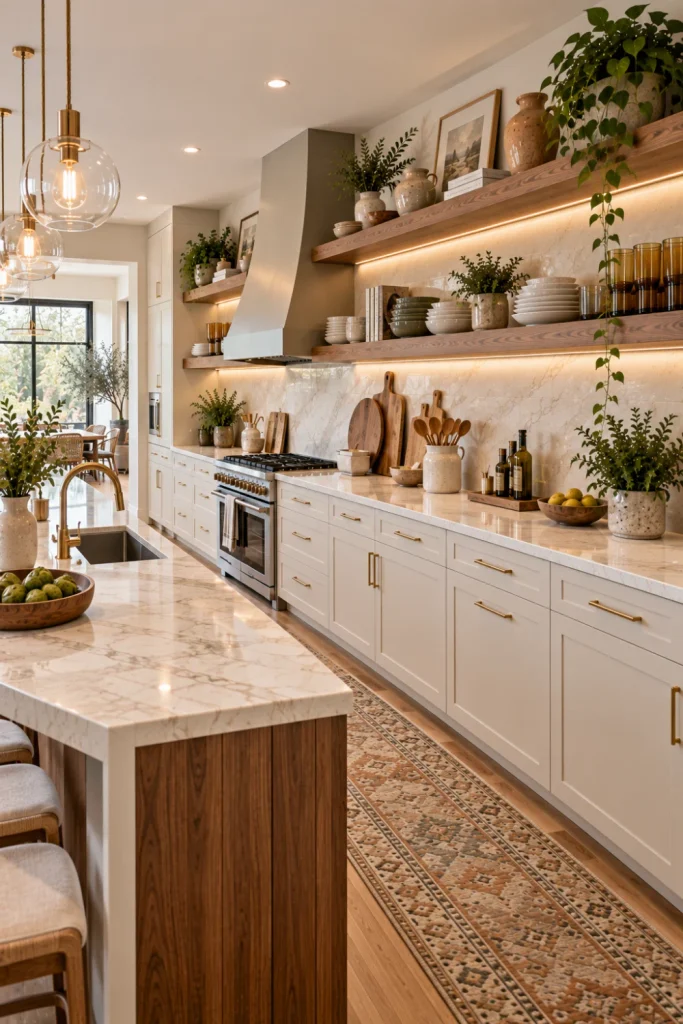 Spacious contemporary kitchen with long wall-to-wall open shelves styled with neutral dishes, greenery, glassware, wood accents, modern cabinets, and elegant lighting.