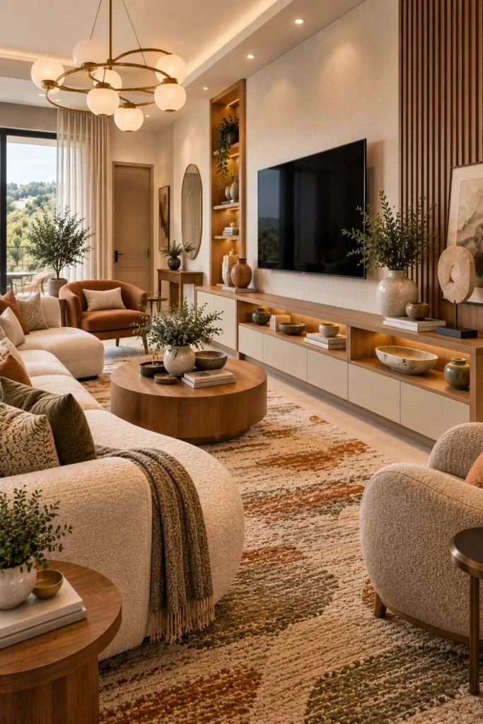 Low modern display cabinet with open shelves, books, ceramics, and greenery beneath a wall-mounted TV, paired with cream seating, oak furniture and a colorful contemporary rug.