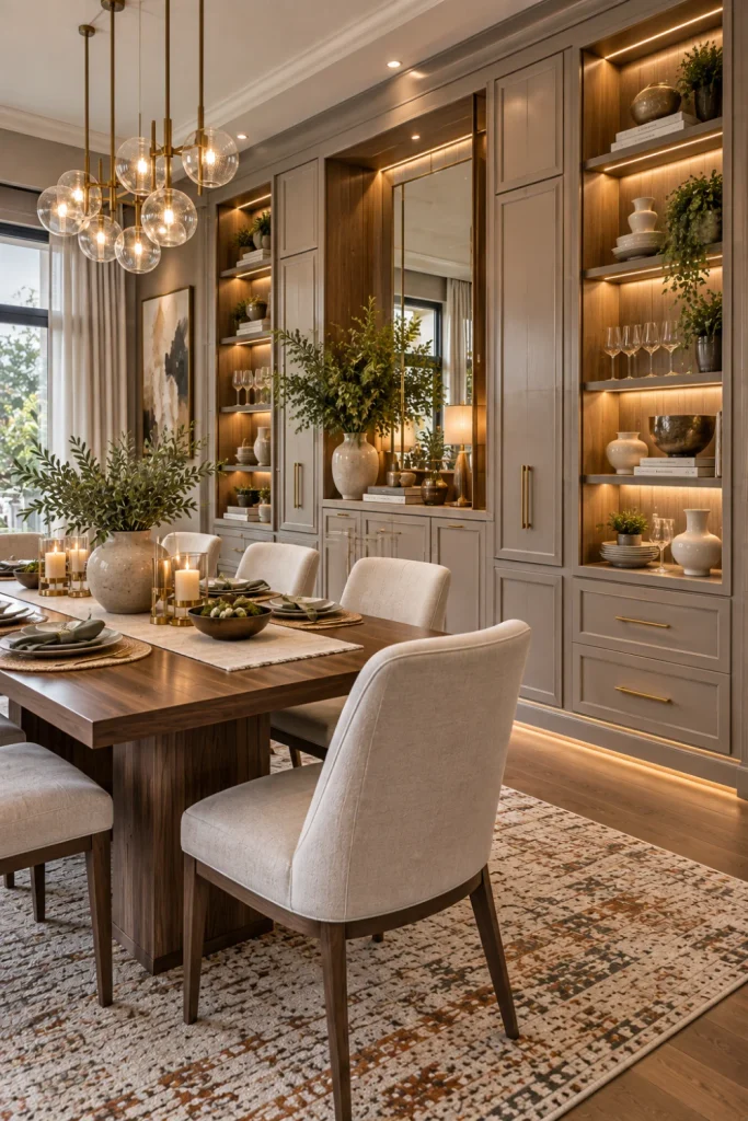 Luxury built-in dining room cabinet with integrated shelving, LED lighting, elegant table, oversized mirror, chandelier, and contemporary styling.